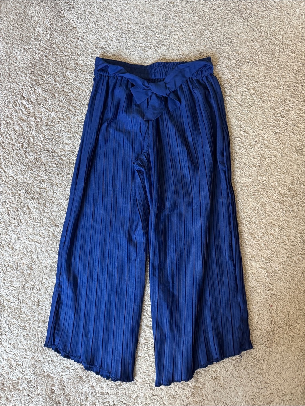 Girls' Pleated Wide-Leg Pants with Waist Tie - Blue / M26